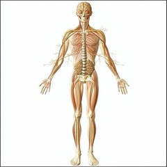 Anatomical illustration of human body highlighting muscular, skeletal, and nervous systems with detailed internal structures