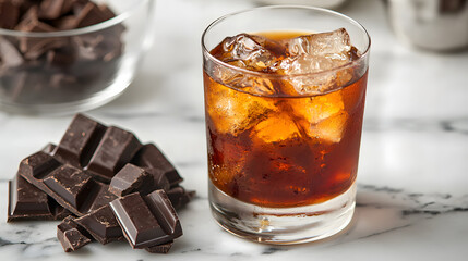 Gourmet Cocktail Pairing Old Fashioned with Dark Chocolate on Marble Surface