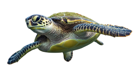 A cute green sea turtle with a patterned shell, slowly swimming in the water, isolated on a transparent background. The turtle has a gentle expression, 