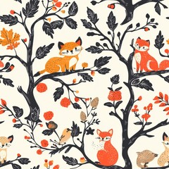 Charming foxes playfully nestled in a tree surrounded by lush greenery creating a whimsical nature scene Seamless Texture concepts