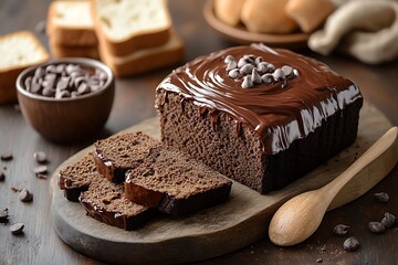 Chocolate fudge loaf cake slices on wood