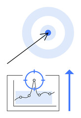 Arrow hitting bullseye symbolizing focus, graph with target highlighting growth metrics, upward arrow for success. Ideal for goals, analytics, performance, planning, strategy, metrics abstract line