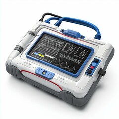 Advanced portable defibrillator displaying vital heart rate data and medical information on a monitor for emergency responders