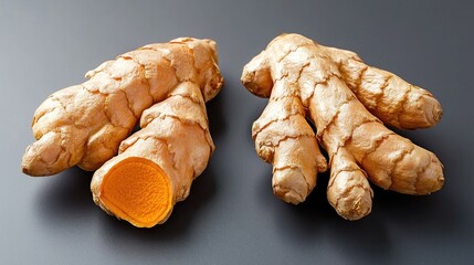 Turmeric roots, cut open, dark background, food ingredient
