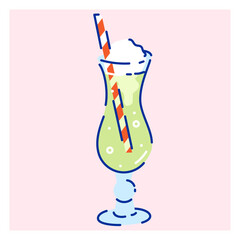 Glass of green melon Cream soda trendy soft drink with cherry. Hand drawn vector illustration. Elements for poster, social media, banners, invitation. Cute kawaii style non alcohol floating cocktail.