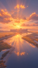 A fortress reflected in the calm sea and illuminated by a golden sunrise