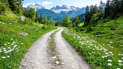 Obraz premium Mountain path, wildflowers, alpine scenery, summer day