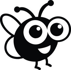 Obraz premium Cute cartoon bee, black and white line drawing, simple design, big round eyes, smiling expression, striped body, small wings, antenna, minimalist style, vector graphic, children's book illustration, c