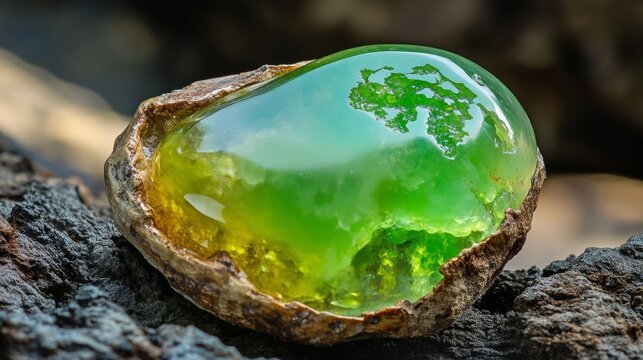 Macro shot of a single chrysoprase stone with a vivid greenish tint, highlighting its natural texture and color. Ideal for gemstone and jewelry imagery.