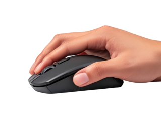 A hand is positioned on a sleek black computer mouse, emphasizing its ergonomic design and user-friendly features.