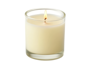 A lit candle in a glass holder, emanating a warm glow with a creamy-colored wax.