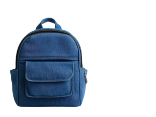 A compact blue backpack featuring a front pocket and a comfortable handle for easy carrying.