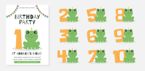 Greeting and invitation for kids Birthday party. Cute frog and set of numbers with amphibian in flat childrens style. Vector illustration collection, design for card, poster, event, banner