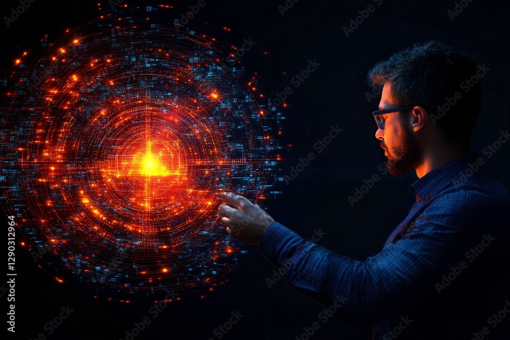 Wall mural human interaction with machine visuals in abstract digital environment