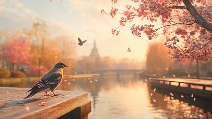 Small Bird on Wooden Dock at Sunrise with Cherry Blossoms and City Background