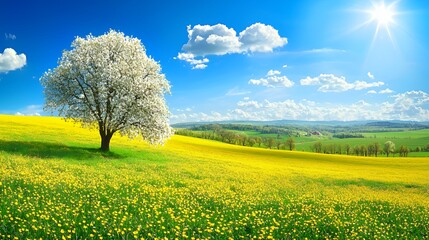 Single White Blossom Tree in a Yellow Flower Field Under a Sunny Sky