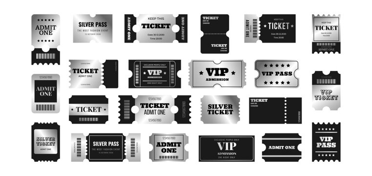 Set silver vip ticket, pass, admission, admit one, coupon, vaucher, label and more template. Chrome metal design collection. Vector illustration on white background