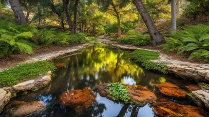 Serene forest stream reflecting sunlight on calm water.
