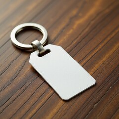 Silver Keychain Mockup on m Brown Wooden Table for Modern Designers. A l keychain on a wooden surface. 