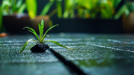 Small Green Plant Sprout Growing from Dark Wood