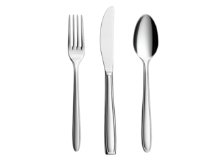 A set of silver cutlery featuring a fork, knife, and spoon, showcasing sleek and polished designs.