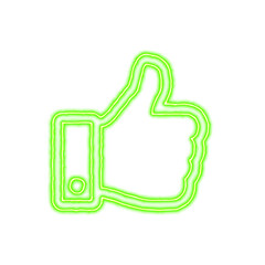 Icon thumbs up from the flow of energy of green color. Shimmering neon