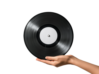 A hand holds a vinyl record with a blank label against a black background, emphasizing the classic music medium's elegance and nostalgia.