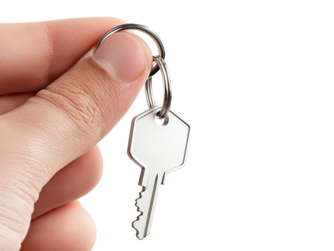 A person holds a silver key on a keyring against a black background, symbolizing access and security.