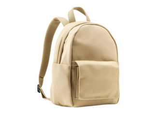 A beige backpack featuring a rounded design and a front pocket, suitable for everyday use and travel.