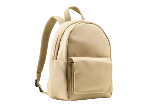 A beige backpack featuring a rounded design and a front pocket, suitable for everyday use and travel.