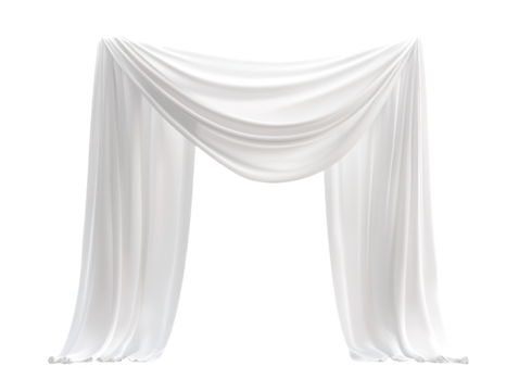Elegant white draped fabric, showcasing smooth folds and flowing lines, ideal for decoration or backdrop use.