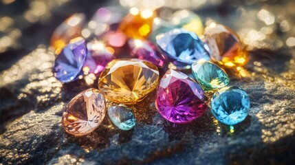 Beautiful shiny gemstones on stone, closeup view