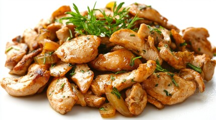 Stir-fried chicken with crispy golden ginger, garlic, and fresh herbs, isolated on a clean white background. --chaos 20 --ar 16:9 --quality 2 --v 6.1 Job ID: 50f74a1d-b4d3-4ef9-bb05-47bc6645084c