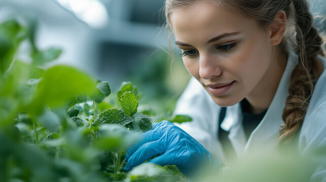 Young woman tending to mint plants in a greenhouse while wearing a lab coat and gloves during daytime