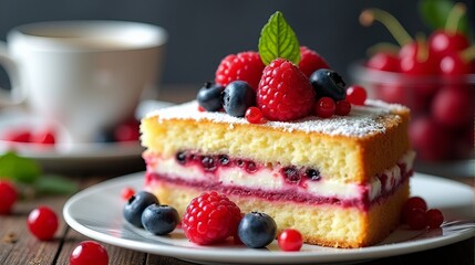 Rustic Berry Cake with Powdered Sugar, Coffee, and a Bowl of Berries A Homemade Treat for a Cozy Morning