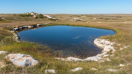 Small Pond in a Grassy Field Under a Clear Blue Sky