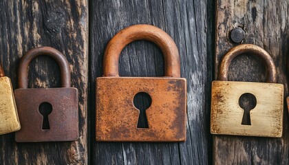 Rusty padlocks on weathered wood