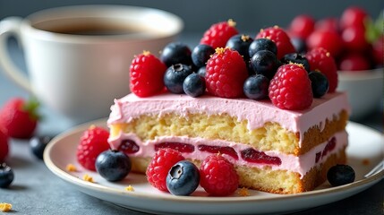 Rustic Berry Cake with Powdered Sugar, Coffee, and a Bowl of Berries A Homemade Treat for a Cozy Morning