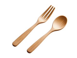 A wooden fork and spoon set designed for serving, showcasing smooth lines and natural coloration.