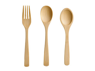 A set of wooden cutlery including a fork and two spoons, showcasing a natural finish and sleek design.