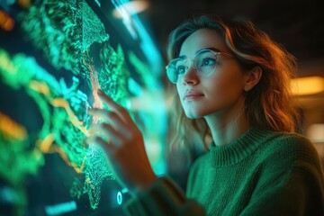 Woman interacts with a large interactive display showing a dynamic world map, analyzing data.