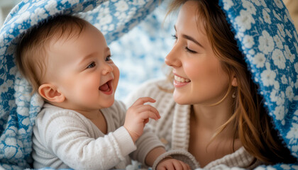 A joyful interaction between a woman and a laughing baby under a blue patterned blanket