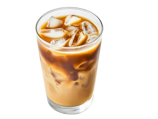 A refreshing glass of iced coffee with ice cubes, featuring a rich blend of coffee and cream.