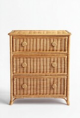 A wicker chest of drawers with four shelves, white background, front view, product photography