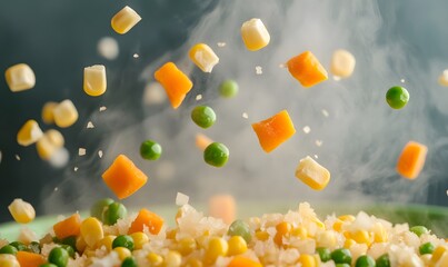 Extreme detail on vibrant yellow corn kernels, bright green peas and neatly diced orange carrots, Generative AI