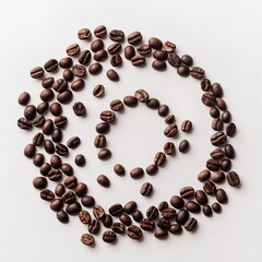 A Small Pile of Roasted Coffee Beans on a Clean, Light Background, Showcasing the Natural Variation in Bean Shapes, Textures, and Brown Tones.

