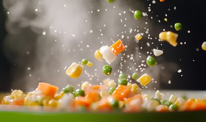 Extreme detail on vibrant yellow corn kernels, bright green peas and neatly diced orange carrots, Generative AI