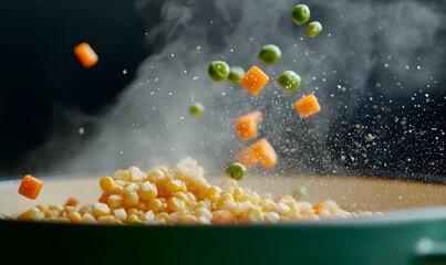 Extreme detail on vibrant yellow corn kernels, bright green peas and neatly diced orange carrots, Generative AI