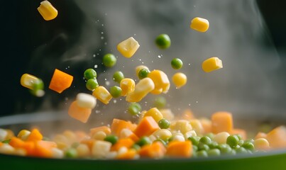 Extreme detail on vibrant yellow corn kernels, bright green peas and neatly diced orange carrots, Generative AI