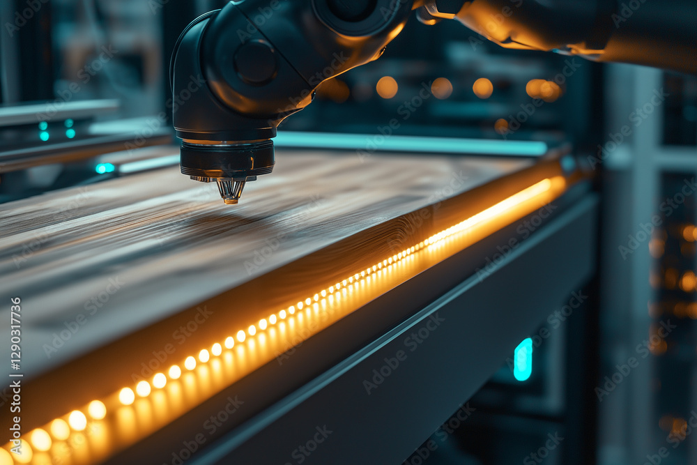 Poster robotic arm assembles custom wooden board with precision in modern workshop